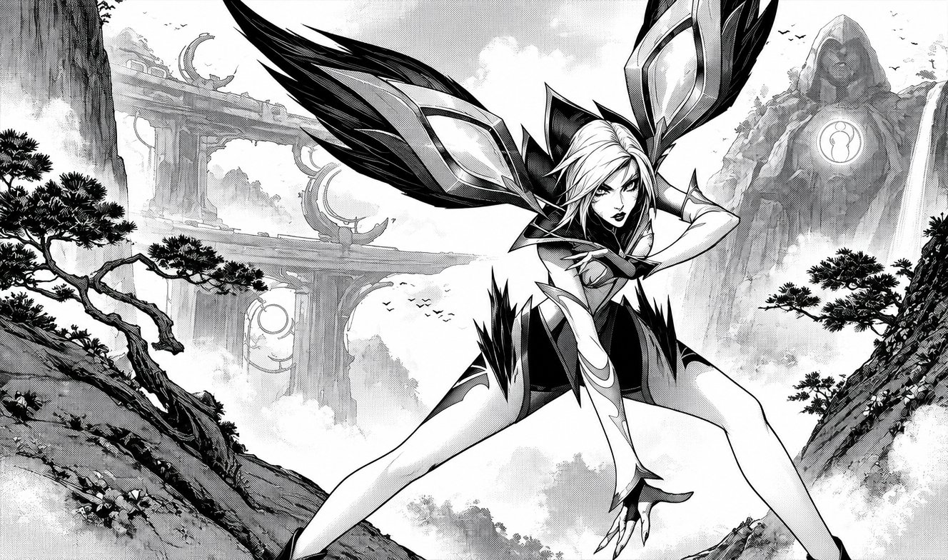 Black-and-white manga illustration of a person running through a dramatic landscape.
