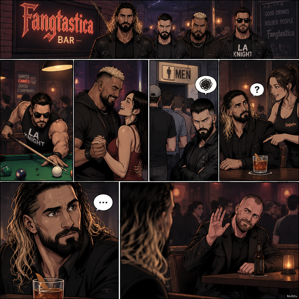 (Previously) Seth Rollins and his friends Finn Bálor,Solo Sikoa and LA knight arrived at a bar called “Fangtastica”,LA knight went to a pool table,Solo got approached by a young woman who invited him to dance with her,he accepted and got on the dance floor with her,Finn went to the men’s bathroom only to find that the line for it was too long and he was not happy about it,Seth sat alone at a bar table,A server gave him a drink he didn’t order for,The server pointed at a stranger (Jon Moxley) and told Seth that he ordered the drink for him. (And now part 2). Seth looked at the stranger. The stranger smiled and waved at Seth