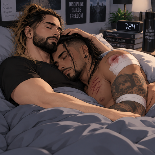 (Recap). Seth Rollins (College student) had just finished studying late at night,Then there was a noise downstairs,he investigated,the front door was open,He closed,Then there was a dripping noise in the kitchen,He goes to investigate,it was just a leaky faucet,He turned it off,he turned around,Damien priest (The bad boy) was right behind him,His chest had scratch marks on it and his shoulder had a huge bite mark on it,Seth was horrified,He goes to turn on the light but Damien grabbed his wrist before he could,he pulled Seth closer to him,Then he puts his head on Seth’s shoulder,His body was shaking a little as if he was crying,he said to Seth “Help me…please…Angel”,Seth slowly wrapped his arms around Damien,Damien’s body slowly relaxed as if he felt safe in Seth’s arms,Seth takes Damien to the bathroom,he grabs a first aid kit,he gently cleans Damien’s wounds and bandages them afterwards,Seth said “There,That should do it,Damien looks up at Seth and softly said “Thank you,Angel”,Seth blushed a little and said to Damien “you’re welcome” (And now part 3). The next morning,Seth and Damien were asleep in Seth’s bed