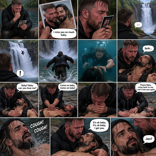 (Recap) Still in the Zombie Apocalypse. Seth Rollins’s world was still black after he fell down a waterfall and hit the water,The his body coughed out water,Then a familiar voice faded in saying “It’s ok baby,It’s ok baby,I got you”,he slowly opened his eyes,the familiar voice spoke again saying “That’s it baby,Open those beautiful eyes”,his vision cleared,he sees Jon Moxley looking down at him and holding him with tears of joy in his eyes,”Jon?” Seth asked weakly. (And now part 3) (This is Jon Moxley’s POV). Jon was sitting down on a log near the river alone looking sad. He looked at a romantic photo of Him and Seth before the zombie apocalypse began. Jon thought Seth died the day the zombie apocalypse began 4 years ago. Tears streamed down Jon’s face,He gently kissed the photo he’s holding. “I miss you so much baby” Said Jon. He looked at the waterfall,He sighed,Then….He sees someone falling down the waterfall and hitting the water. He rushes over and jumps in the water,As he swam closer he got a better look at the person….Jon was shocked….It was the man he loved…The one he thought he lost….Seth Rollins. He swam faster and managed to Get Seth,He swam back to shore while holding Seth. He gently laid Seth down on the shore. “Baby?,Baby can you hear me?” Jon asked. When Seth didn’t respond Jon did CPR on him. “Come on baby,Come on baby” said Jon. He then did mouth to mouth on Seth,Then he went back to doing CPR. “Please Baby,come back to me,I can’t lose you again” said Jon…when all hope seemed lost….Seth started coughing out water.Jon gently held Seth. “It’s ok baby,It’s ok baby,I got you” Jon said softly