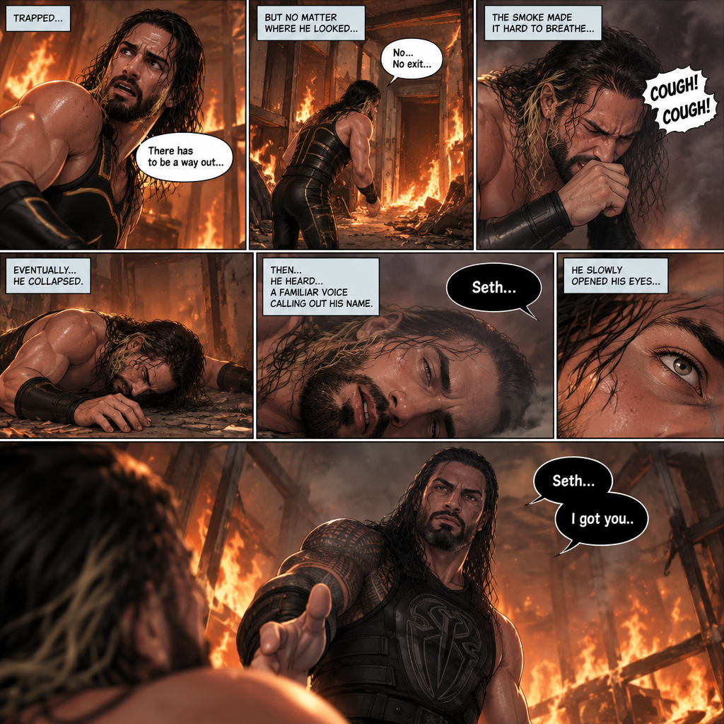 Seth Rollins is in a burning building,He tries to find a way out,he couldn’t find a way out. He was coughing because of the smoke,Eventually….he collapsed on the floor. Then….He heard….a familiar voice calling out his name. He slowly opened his eyes…it was Roman Reigns