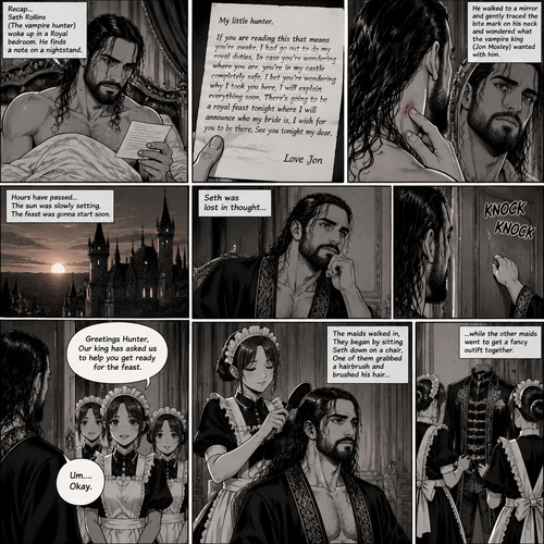 (Recap) Seth Rollins (The vampire hunter) woke up in a Royal bedroom,He finds a note on a nightstand that says “My little hunter,If you are reading this that means you’re awake,I had go out to do my royal duties,In case you’re wondering where you are,you’re in my castle completely safe,I bet you’re wondering why I took you here,I will explain everything soon,There’s going to be a royal feast tonight where I will announce who my bride is,I wish for you to be there,See you tonight my dear, Love Jon”,Then he walked to a mirror and gently traced the bite mark on his neck and wondered what the vampire king (Jon Moxley) wanted with him. (And now part 3). Hours have passed,the sun was slowly setting,The feast was gonna start soon. Seth was lost in thought,Then there was a knock on the door. He got up and opened it,The palace maids were there. “Greetings Hunter,Our king has asked us to help you get ready for the feast” said one of the maids. “Um….Okay” Said Seth. The maids walked in,They began by sitting Seth down on a chair,One of them grabbed a hairbrush and brushed his hair while the other maids went to get a fancy outfit together