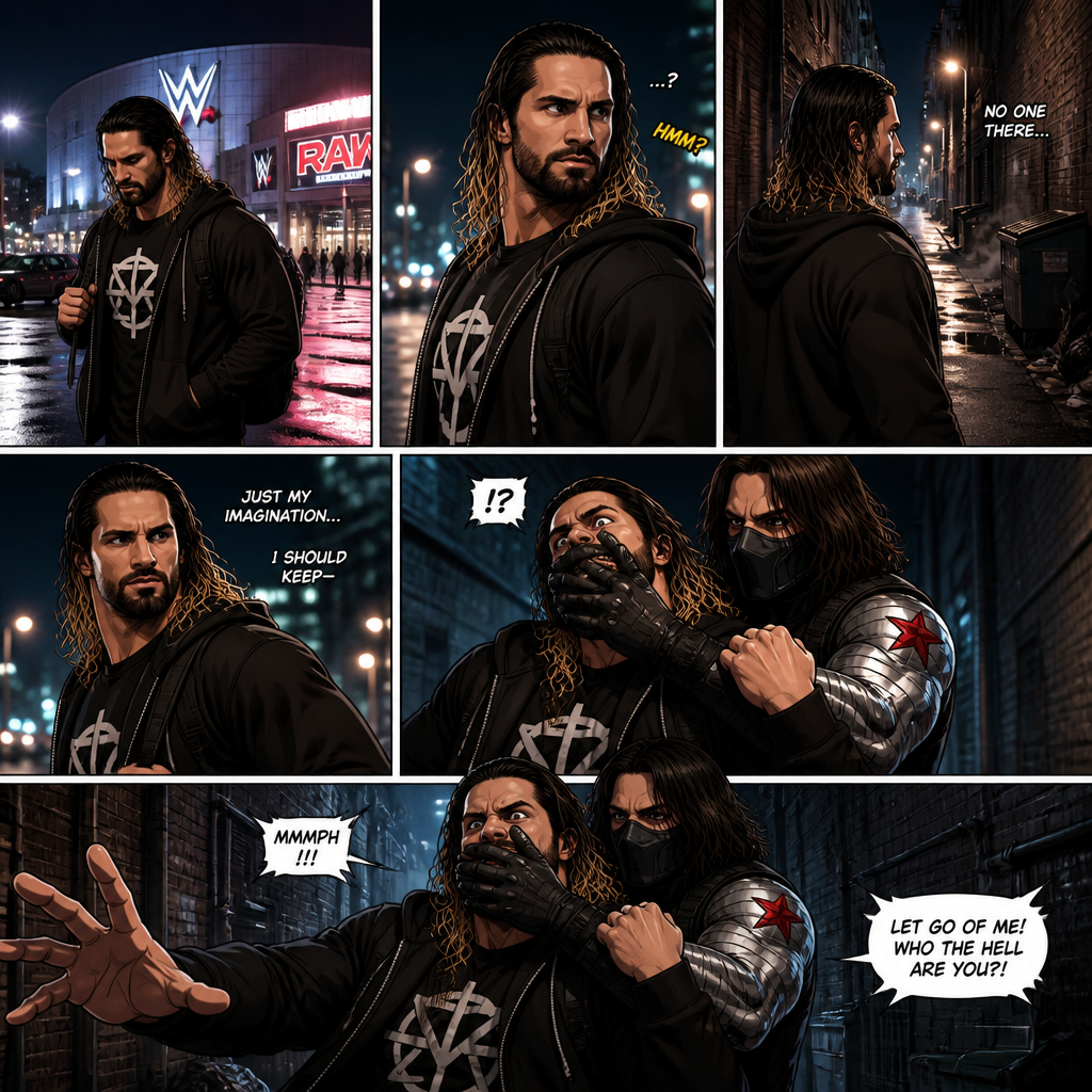 Seth Rollins walking home from the arena alone.Then…he sensed a presence behind him…He turned around…but no one was there.He was about to turn around again…Then he was grabbed from behind…It was the winter soldier.He covered Seth’s mouth with his hand before he could scream.The winter soldier Dragged Seth into an alleyway.Seth struggled