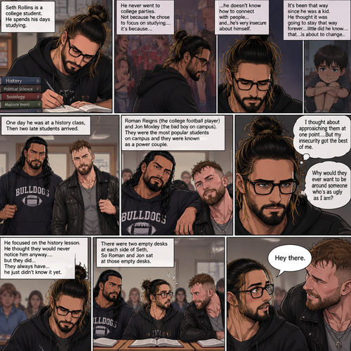 Seth Rollins is a college student. He spends his Seth Rollins is a college student. He spends his days studying,He never went to college parties. Not because he chose to focus on studying….it’s because…he doesn’t know how to connect with people…and…he’s very insecure about himself. It’s been that way since he was a kid. He thought it was going to stay that way forever….little did he know….that…is about to change. One day he was at a history class,Then two late students arrived. Roman Reigns (The college football player) and Jon Moxley (The bad boy on campus). They were the most popular students on campus and they were known as a power couple. Seth thought about approaching them at one point….But his insecurity got the best of him. “Why would they ever want to be around someone who’s as ugly as I am?” Seth thought to himself. He focused on the history lesson. He thought they would never notice him anyway….but they did…They always have…he just didn’t know it yet. There were two empty desks at each side of Seth,So Roman and Jon sat at those empty desks. Seth noticed and was surprised. “Hey there” Jon said