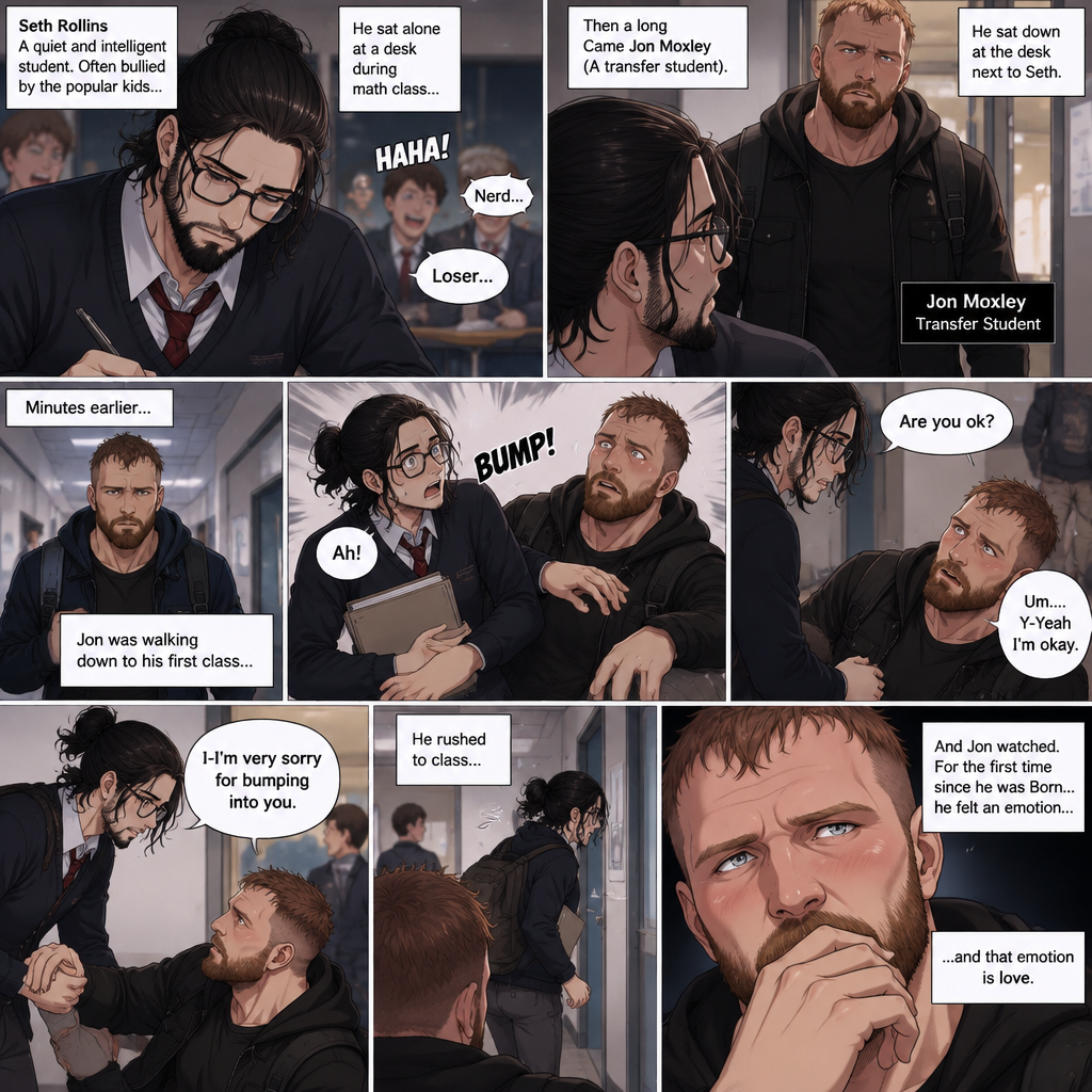 (Yandere x Nerd). Seth Rollins is a nerd in high school,He was bullied by popular students. He sat alone at a desk during math class….Then a long Came Jon Moxley (A transfer student). He sat down at the desk Next to Seth. They’ve met before this moment. Minutes earlier,Jon was walking down to his first class…Then Seth accidentally bumped into him and Jon fell down. He looked up at Seth….And saw his face. “Are you ok?” Seth asked. “Um….Y-Yeah I’m okay” Said Jon. Seth helped Jon stand up. “I-I’m very sorry for bumping into you” said Seth. He rushed to class and Jon watched. For the first time since he was Born…he felt an emotion….and that emotion is love. (End of part 1)