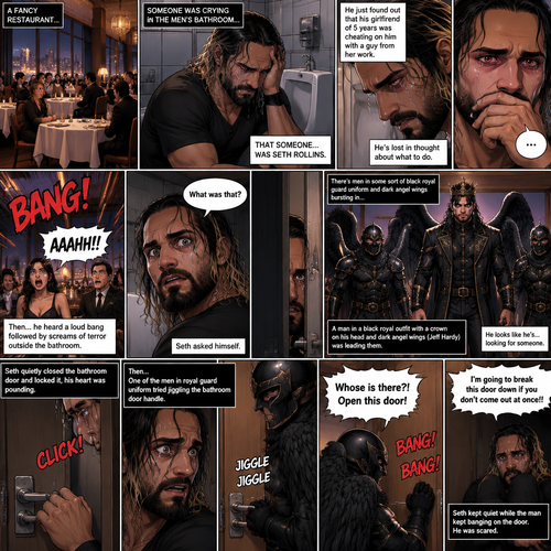 There’s a fancy restaurant,someone was crying in the men’s bathroom,That someone…was Seth Rollins. He just found out that his girlfriend of 5 years was cheating on him with a guy from her work. He’s Lost in thought about what to do. He was snapped out of his thoughts…when…he heard a loud bang followed by screams of terror outside the bathroom. “What was that?” Seth asked himself. He cracked the door open a bit to see what’s going on. There’s men in some sort of black royal guard uniform and dark angel wings bursting in…wait…Dark angel wings?!. A man in a black royal outfit with a crown on his head and dark angel wings (Jeff Hardy) was leading them,He looks like he’s…looking for someone. Seth quietly closed the bathroom door and locked it,his heart was pounding. Then…One of the men in royal guard uniform tried jiggling the bathroom door handle. Seth slowly and quietly backed away from the door. The man in the royal guard uniform banged on the door. “Whose is there?! Open this door!” The man in the royal guard uniform yelled. Seth kept quiet while the man kept banging on the door. “I’m going to break this door down if you don’t come out at once!!” The man in the royal guard uniform yelled. Seth was scared