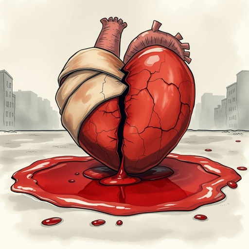 A broken heart patched up with a bandage leaking into a puddle of blood