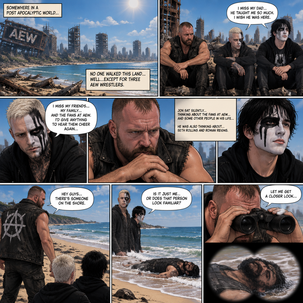 It’s a post apocalyptic world,There was no one walking down on the land….well….except for three AEW wrestlers! Jon Moxley,Darby Allin and Steven Borden (Sting’s son).They worked together side by side in this post apocalyptic world.They thought they were the last wrestlers alive….but little did they know…that on this day….they would be proven wrong.It was a sunny afternoon,Jon,Darby and Steven were just sitting near a beach talking and reminiscing about the time before this world became barren.Steven was reminiscing about his dad and how much he misses him,Darby was reminiscing about his friends,His family and the fans at AEW.Jon was sitting silently,Thinking about the fans at AEW and some other people in his life…He was also thinking about…Seth Rollins and Roman Reigns.He looked at the ocean….That’s when he saw….and unconscious person getting washed up on the shore.He slowly stood up. “Hey guys…there’s someone on the shore” Jon said to Darby and Steven.Darby and Steven stood up and looked at the unconscious person “Is it just me..Or does that person look familiar?” Darby asked.Jon grabbed his Binoculars to get a closer look