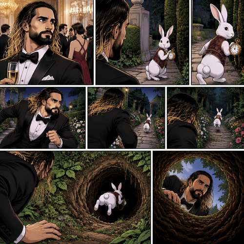 Seth Rollins was at a fancy party,Then he sees a white rabbit outside.It’s wearing a fancy vest and holding a pocket watch and it’s looking at him.Then it starts hopping away and Seth followed it.The rabbit kept hopping and Seth kept following,Until the rabbit jumped down the rabbit hole