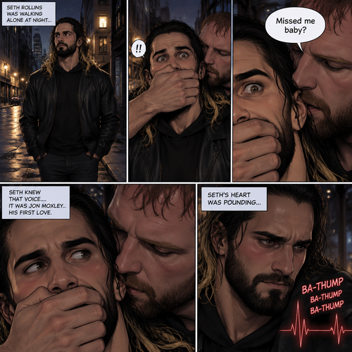 Seth Rollins was walking alone at night….then….someone grabbed him from behind and covered his mouth so he wouldn’t scream,Then the person whispered in Seth’s ear “Missed me baby?”. Seth knew that voice….it was Jon Moxley..his first love. Seth’s heart was pounding