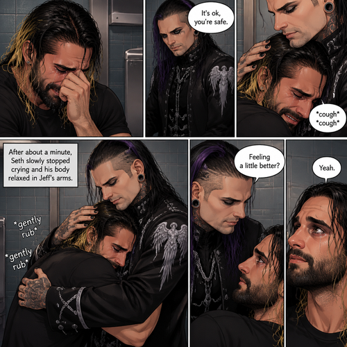 (Recap) Seth Rollins was crying in the men’s bathroom of a fancy restaurant because his girlfriend of 5 years cheated on him,then Dark angel royal guards burst in the restaurant lead by Jeff Hardy (The dark angel king),Seth locked himself in the bathroom,one of the guards banged on the door,Seth had flashbacks of his childhood and his abusive father,Seth had a panic attack,Jeff stopped the guard and told him to leave,He convinced Seth to let him in,He slowly approached him,Seth’s body tenses like he expected to get hit,Jeff gently put his hand on Seth’s cheek. (And now part 2). Seth was still crying. “It’s ok,you’re safe” Jeff said softly. He gently pulled Seth into his embrace. Seth coughed while he cried. Jeff gently rubbed Seth’s back to try to soothe him. After about a minute,Seth slowly stopped crying and his body relaxed in Jeff’s arms. “Feeling a little better?” Jeff asked softly. Seth nodded once