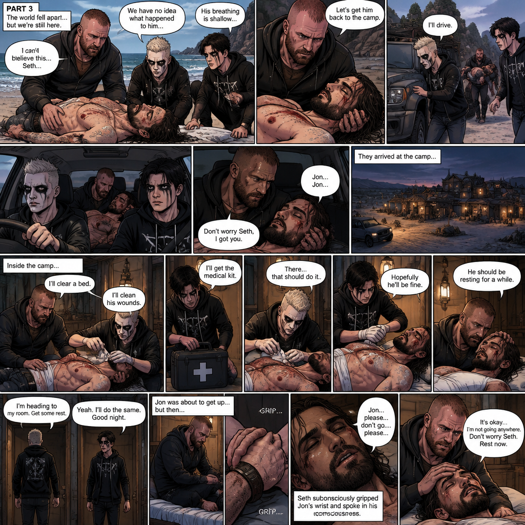 Part 3 of the apocalypse story.Jon Moxley,Darby Allin and Steven Borden (Sting’s son) Found Seth Rollins unconscious and badly injured on the beach while reminiscing about the time before the apocalypse.They had no idea what happened to him.Seth’s breathing was a bit shallow. “Let’s get him back to the camp” Said Jon. “I’ll Drive” Said Darby. Darby and Steven ran to the car,Jon lifted Seth in his arms and followed behind.Darby got in the driver’s seat,Steven got in the passenger seat and Jon got in the back while holding Seth,They drove to the camp,Then….Seth started saying Jon’s name in his unconsciousness,”Jon…Jon”,Jon held Seth tightly. “Don’t worry Seth,I got you” Jon whispered.They arrived at the camp,They got out and ran inside.Darby cleared a bed,Jon gently put Seth on it.Steven gets the medical kit while Darby Cleans Seth’s wounds,After Darby was done Steven bandaged Seth’s wounds. “There,that should do it” Said Steven. “Hopefully he’ll be fine” Said Darby. Jon gently stroked Seth’s head. “He should be resting for a while” said Steven. Steven and Darby went to their rooms to sleep.Jon was as about to get up…but then he felt a hand gripping his wrist…Seth subconsciously gripped Jon’s wrist and spoke in his subconscious “Jon…please…don’t go….please”. He sounded vulnerable,Jon sat down by Seth’s side and gently stroked his head In a soothing manner.