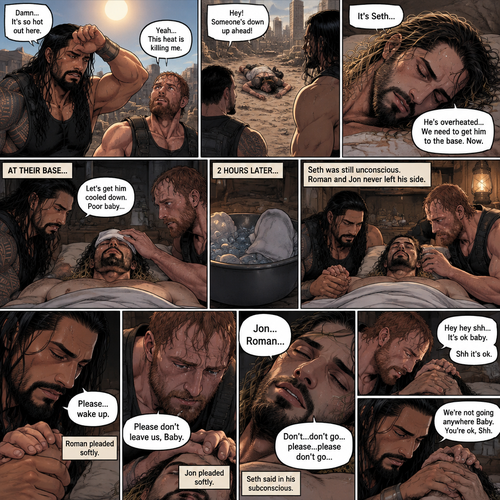 (Quick recap!) Roman reigns and Jon Moxley are in a post apocalypse,They complained about the heat,They see a man passing out because he got over heated,Turned out to be Seth Rollins (The love of their lives btw),They take him to their base and cool them off. (Now onto part 2!).2 hours have passed,Seth was still unconscious,Roman and Jon never left his side.Roman Gently held Seth’s hand. “Please…wake up” Roman pleaded softly.Jon gently stroked Seth’s head.”Please don’t leave us,Baby” Jon pleaded softly.Then….They heard Seth subconsciously speaking their names “Jon…Roman”. “Don’t…don’t go…please…please don’t go” Seth Said in his subconscious. “Hey hey shh,It’s ok baby,Shh it’s ok” Jon said softly. “We’re not going anywhere Baby,You’re ok,Shh” Roman said softly