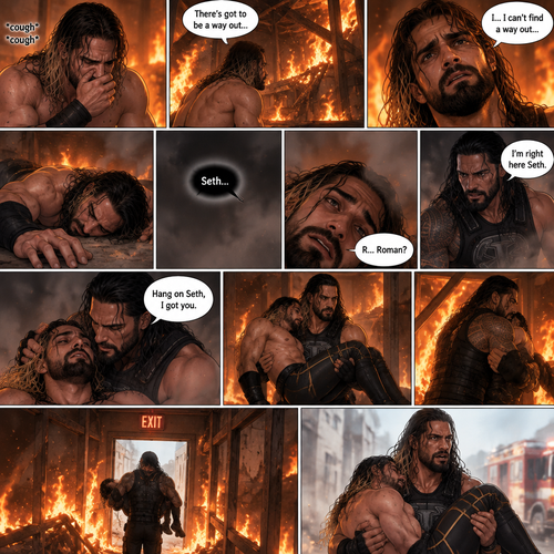 Seth Rollins is in a burning building,He tries to find a way out,he couldn’t find a way out. He was coughing because of the smoke,Eventually….he collapsed on the floor. Then….He heard….a familiar voice calling out his name. He slowly opened his eyes…it was Roman Reigns. Seth weakly called out Roman’s name. Roman rushed over to Seth. “I’m right here Seth” said Roman. He lifted Seth in his arms. “Hang on Seth,I got you” Roman said to Seth. Roman rushes to find a way out,He eventually does. He runs towards the exit with Seth in his arms