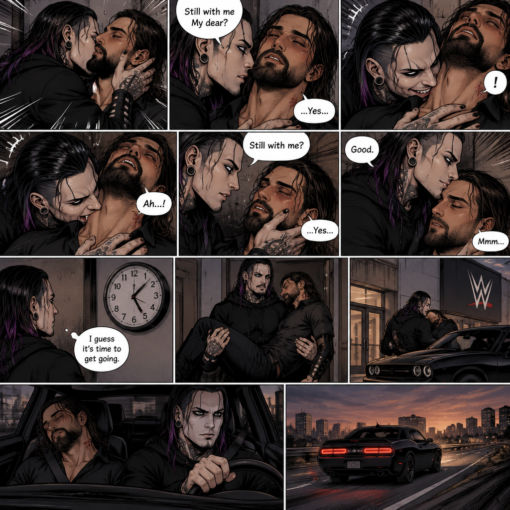 (Part 4 of the Vampire x human story). Still in Jeff Hardy’s office. Jeff was still Kissing Seth Rollins against the wall. After about a minute,Jeff pulled away. Jeff whispered in Seth’s ear “Still with me My dear?” Jeff asked softly. “…Yes…” Seth said softly. Jeff grinned. He leaned forward to Seth’s neck. Seth’s heart was racing. Jeff placed his hand on Seth’s chest to feel his heartbeat again. Seth gasped softly. Jeff gently pierced his fangs into Seth’s neck. Seth yelped softly. Jeff wrapped his arms around Seth. After awhile Jeff removed his fangs from Seth’s neck. Seth was breathing softly. Jeff gently placed his hand on Seth’s cheek. “Still with me?” Jeff asked softly. Seth looked up at Jeff while trying to keep his eyes open. “…Yes…” Seth said softly. Jeff smiled. “Good” Jeff said softly. Jeff gently kissed Seth’s forehead. Seth hummed softly. Jeff looked at the clock on the wall,it was 5:08 pm. “I guess it’s time to get going” Jeff said to himself. Jeff lifted Seth up in his arms,Then he walked out of the building and walked to his car. He put Seth on the passenger seat,Then he drove away