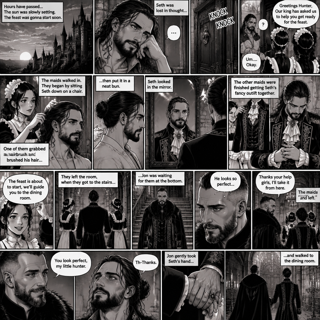 (Recap) Seth Rollins (The vampire hunter) woke up in a Royal bedroom,He finds a note on a nightstand that says “My little hunter,If you are reading this that means you’re awake,I had go out to do my royal duties,In case you’re wondering where you are,you’re in my castle completely safe,I bet you’re wondering why I took you here,I will explain everything soon,There’s going to be a royal feast tonight where I will announce who my bride is,I wish for you to be there,See you tonight my dear, Love Jon”,Then he walked to a mirror and gently traced the bite mark on his neck and wondered what the vampire king (Jon Moxley) wanted with him. (And now part 3). Hours have passed,the sun was slowly setting,The feast was gonna start soon. Seth was lost in thought,Then there was a knock on the door. He got up and opened it,The palace maids were there. “Greetings Hunter,Our king has asked us to help you get ready for the feast” said one of the maids. “Um….Okay” Said Seth. The maids walked in,They began by sitting Seth down on a chair,One of them grabbed a hairbrush and brushed his hair while the other maids went to get a fancy outfit together. After she was done brushing Seth’s hair the maid then put it in a neat bun. Seth looked in the mirror. The other maids were finished Getting Seth’s fancy outfit together. Seth puts it on. “The feast is about to start,we’ll guide you to the dining room” said one of the maids. They left the room,when they got to the stairs…Jon was waiting for them at the bottom. He looked at Seth. “He looks so perfect” Jon said in his mind. He looked at the maids. “Thanks your help girls,I’ll take it from here” Jon said to the maids. The maids bowed and left. Jon looked at Seth again with a smile. “You look perfect,my little hunter” said Jon. Seth blushed a little. “Th-Thanks” said Seth. Jon gently took Seth’s hand and walked to the dining room