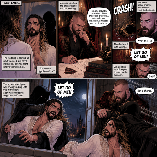 (Recap)Jon Moxley (The vampire king) and Seth Rollins (The vampire hunter…well now The bride Of Jon Moxley) were at the royal feast,Seth was stunned because Jon announced that Seth was his bride,Jon also said that the wedding would take place in 2 weeks,Seth just sat there stunned,Jon sat down and wrapped his arm around Seth and pulled him close,He gently kissed Seth’s forehead,Seth’s heart fluttered,Jon heard it and said “you’re cute,My little hunter”. (And now part 6). 1 week had passed,the wedding was coming up next week. Seth still couldn’t believe it…but his heart knows the truth now. Jon was handling the preparations for the wedding. Seth was looking in the mirror…then he saw a shadowy figure in the reflection…someone was right behind him. Jon was trying to figure out some details for the wedding cake….Then he heard a loud crashing noise coming from the bedroom,Then he heard Seth yelling “LET GO OF ME!!”. Jon used his vampire speed to rush to the bedroom. The mysterious figure was trying to drag Seth out the window. Seth was struggling to get himself free. Jon arrived just in time