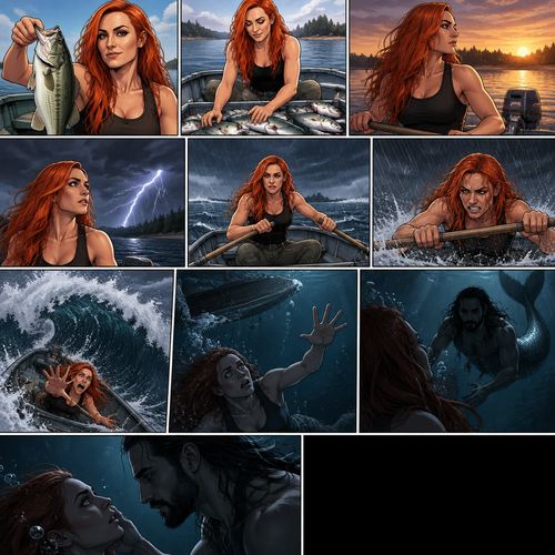 Becky Lynch is in a fishing boat,She had a long day of fishing. She caught a lot of fish (she released them after). She was about to head back to shore….then suddenly…thunder. She started to row back…then the waves started to rise,Then heavy rain. Becky kept trying to row back to shore,Then….A giant wave came crashing down on Becky’s boat. She started sinking in the ocean,Then…she sees A shadowy silhouette of a mysterious creature (Seth Rollins as a Merman) swimming towards her…and then….Everything. Went. Black. (End of part 1)