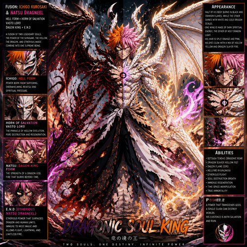 Ichigos hell form fused with horn of salvation, vasto lord from.then fuse Natsu Dragneels Dagon king form and E. N.D. After that fuse Ichigo and natsu