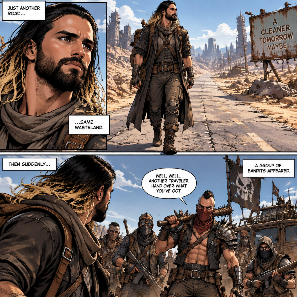 Seth Rollins is a wasteland wonderer,He was just walking down the road. Then suddenly….A group of bandits appeared
