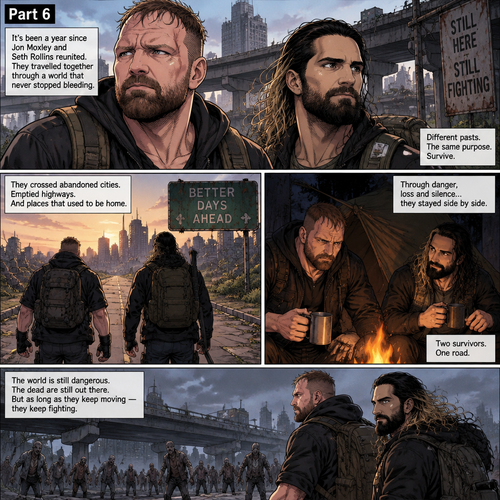 (Part 6). Still in the zombie apocalypse. “it’s been a year since Jon Moxley and Seth Rollins reunited. They travelled together 