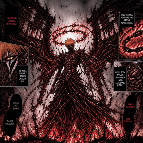 Bleach anime.Segunda Etapa:

Everything becomes monstrous.

His wings resemble broken Gates of Hell.

Halo becomes a burning ring made of moving chains.

Entire body appears carved from living 