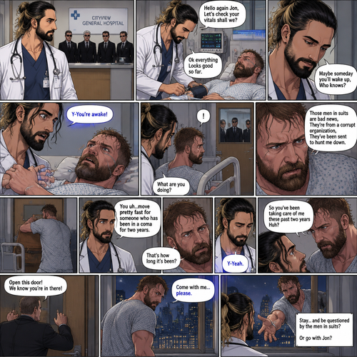 Seth Rollins is a Doctor. He had been looking after a patient (Jon Moxley) who had been in a coma for two years. One day he was walking to Jon’s room,Then he saw men in suits at the front desk. He thought nothing of it and kept walking. He entered Jon’s room. “Hello again Jon,Let’s check your vitals shall we?” Said Seth. He checks Jon’s vitals. “Ok everything Looks good so far” said Seth. He looked at Jon’s face. “Maybe someday you’ll wake up,Who knows?” Said Seth. He got up to leave the room….But a hand grabbed a hold of his wrist. Seth gasped. It was Jon,He’s wide awake and Looking at Seth. “Y-You’re awake” Said Seth. Then Jon carefully got up,Looked out the door and noticed the men in suits. His eyes widened and he shut the door and locked it. “What are you doing?” Seth asked. Jon spoke for the first time since the coma “Those men in suits are bad news,They’re from a corrupt organization,They’ve been sent to hunt me down”. Seth Fell silent,Processing what Jon just said. Jon moved quickly to barricade the door. “You uh…move pretty fast for someone who has been in a coma for two years” said Seth. Jon fell silent while processing that information. “That’s how long it’s been?” Jon asked. Seth nodded slowly. Jon walked slowly toward Seth. “So you’ve been taking care of me these past two years Huh?” Said Jon. Seth got nervous. “Y-Yeah” Seth said Nervously. Then one of the men in suits tried to open the locked and Barricaded door. Jon quickly ran to the window and opened it. He looked at Seth,Then he held out his hand. “Come with me…please” said Jon. Seth thought about it for a bit,Will he Stay and be questioned by the men in suits..Or go with Jon
