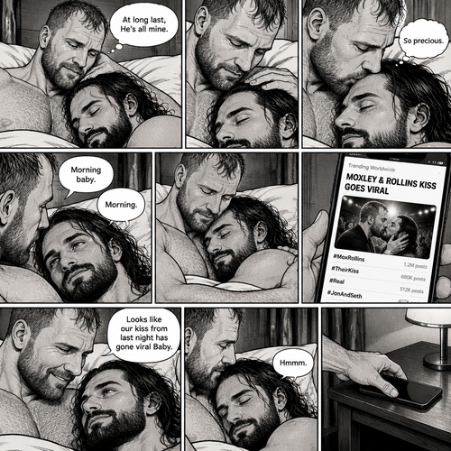 (Part 3). Still in Jon Moxley’s hotel room. Jon Moxley and Seth Rollins were asleep after last night’s activity. Jon slowly woke up,he looked down at Seth who was still asleep. Jon smiled,then he gently stroked Seth’s head. “At long last,He’s all mine” Jon thought to himself. He gently kissed Seth’s forehead. Seth hummed softly in his sleep. “So precious” Jon thought to himself. Seth slowly woke up. “Morning baby” Jon said softly. “Morning” Seth said softly. Jon gently pulled Seth closer to him. Jon picked up his phone. That kiss with Seth from last night went viral. Jon looked at Seth and smiled. “Looks like our kiss from last night has gone viral Baby” Jon said Softly. Seth hummed softly. Jon puts his phone back on the nightstand
