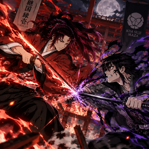 I want Demon slayer in Demon slayer yoriichi and Kim Suji Maza they both are fighting, generate like that
