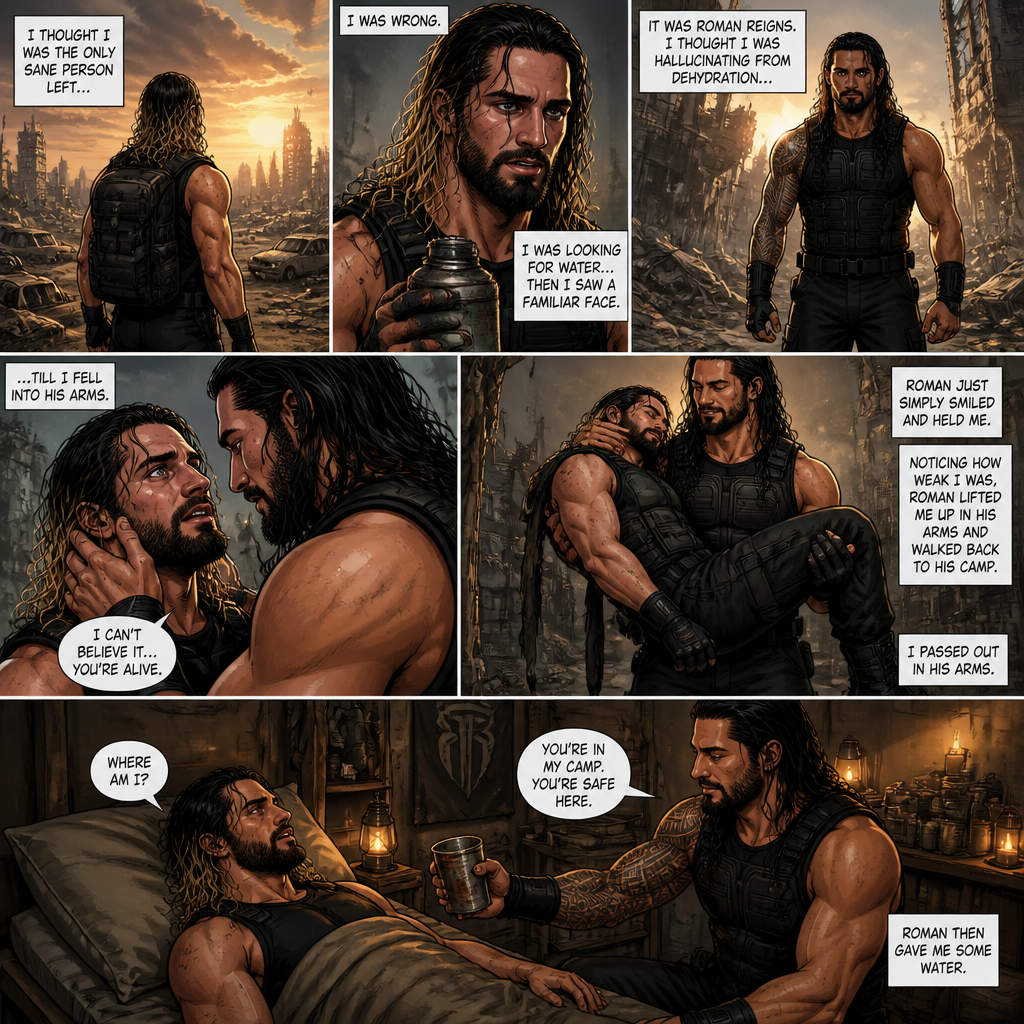 WWE superstar Seth Rollins in a post apocalyptic world trying to survive.He thought he was the only sane person left…. But he was wrong.One while was looking for water….He saw a familiar face…it was Roman Reigns.He thought he was hallucinating from dehydration…Till he fell into Roman’s arms.He realized…Roman was actually here.”I can’t believe it….you’re alive” Said Seth.Roman just simply smiled and Held Seth.Noticing how weak Seth was currently Roman lifted him up in his arms and walked back to his camp with him.Seth then passed out in Roman’s Arms.After a While Seth Slowly woke up in some sort of room.Roman was sitting beside him.”Where am I?” Seth asked weakly “You’re in my camp,You’re safe here” Said Roman.Roman then Gave Seth Some water