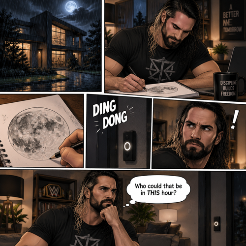 It was a rainy night outside,Seth Rollins was alone in his house,He drawing a picture of the moon on his notebook.Then the doorbell rang. “Who could that be in THIS hour?” Seth  asked himself