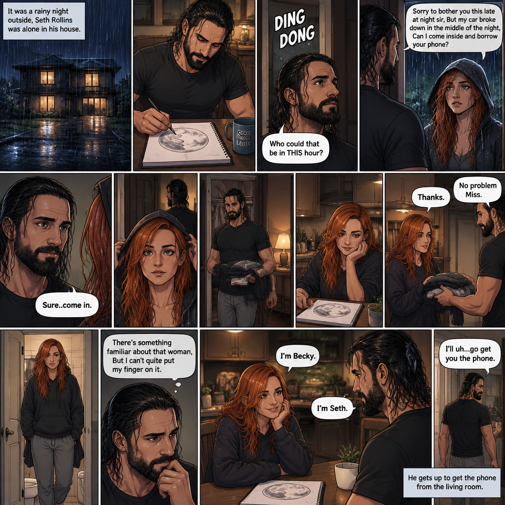 It was a rainy night outside,Seth Rollins was alone in his house,He drawing a picture of the moon on his notebook.Then the doorbell rang. “Who could that be in THIS hour?” Seth asked himself. He got up and opened the door,A young Irish woman (Becky Lynch) was standing outside on his porch soaking wet from the rain wearing a hood. “Sorry to bother you this late at night sir,But my car broke down in the middle of the night,Can I come inside and borrow your phone?” Asked the woman.Seth looked at the woman,There was this…aura about her that he couldn’t quite explain.He decided to let her in. “Sure..come in” said Seth.The woman walked in and Seth shut the door.He walked out to his bedroom to get the woman some nice dry clothes to wear,The woman was waiting in the kitchen,She noticed the drawing on the table.She smiled.Seth came back and handed her the clothes. “Thanks” said the Woman. “No problem Miss” Said Seth.The woman went to the bathroom to change. “There’s something familiar about that woman,But I can’t quite put my finger on it” Seth said to himself.After a while she came out wearing the clothes.She sat down at the table with him.”I’m Becky” Said Becky. “I’m Seth” Said Seth.There was something between them,Pulling them together.”I’ll uh…go get you the phone” Seth said nervously .He gets up to get the phone from the living room