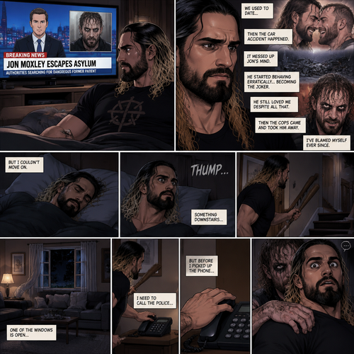 (Recap) Seth Rollins was at his house after a long day,A news report came on tv,The reporter said that Jon Moxley A.KA the Joker had escaped from the asylum that morning,Seth tensed up a bit,he and Jon used to date….then car accident happened witch messed up Jon’s mind,he started behaving erratically becoming the joker,he still loved Seth despite all that,then the cops came and took Jon away,Seth was devastated,he blamed himself ever since,he tried to move on but couldn’t. (And now part 2). Seth was asleep in his bed….then he was woken up by a noise coming from downstairs. He grabbed a bat and walked downstairs,when He got downstairs…he noticed…one of the windows in the living room was open. He got spooked. He ran to his home phone to call the police….but before he picked up the phone….someone grabbed him from behind.