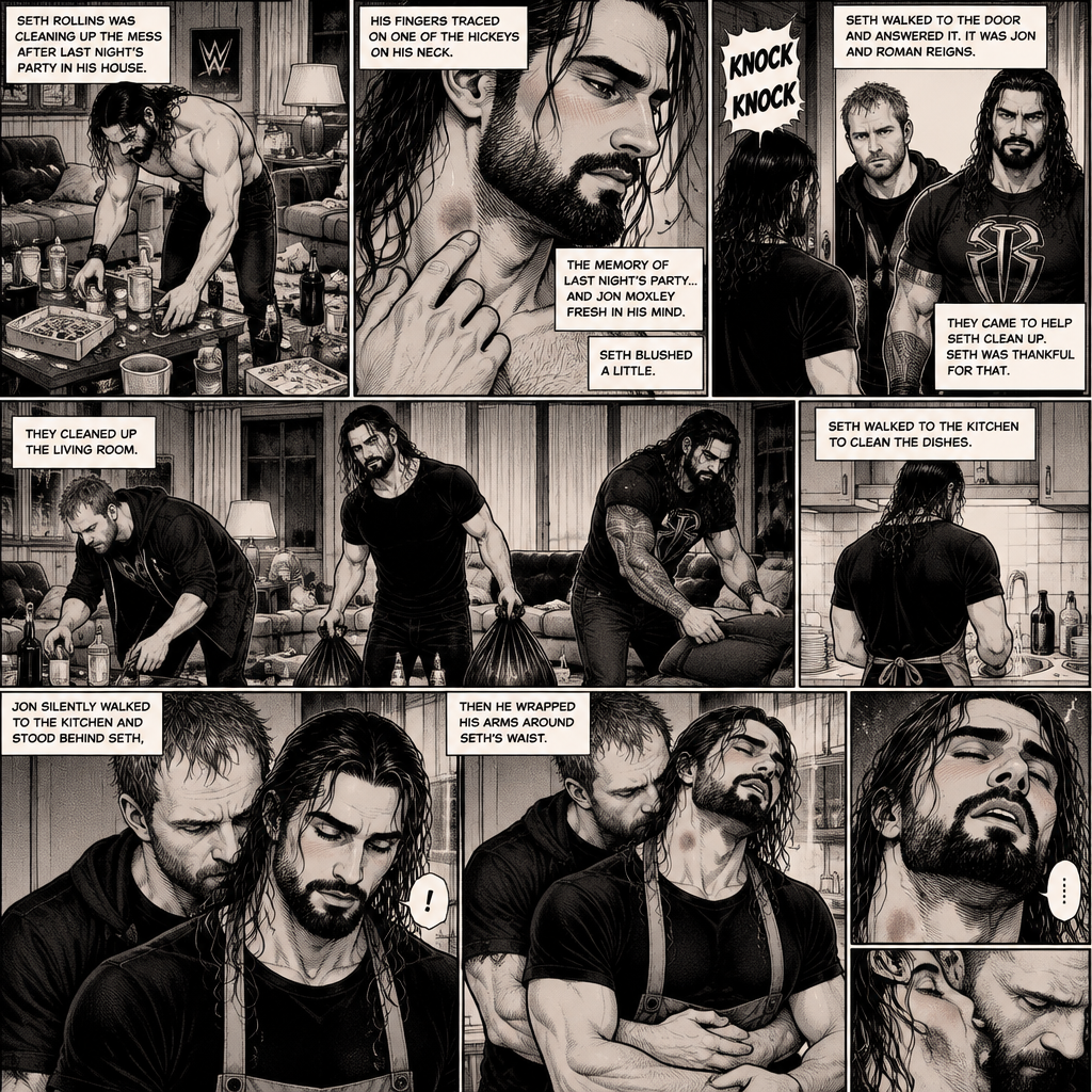 (Part 2) Seth Rollins was cleaning up the mess after last night’s party in his house. His fingers traced on one of the hickeys on his neck. The memory of last night’s party…and Jon Moxley Fresh in his mind. Seth blushed a little,Then there was a knock on the door. Seth walked to the door and answered it,It was Jon and Roman Reigns. They came to help Seth clean up. Seth was thankful for that. They cleaned up the living room. Seth walked to the kitchen to clean the dishes. Jon silently walked to the kitchen and stood behind Seth,Then he wrapped his arms around Seth’s waist
