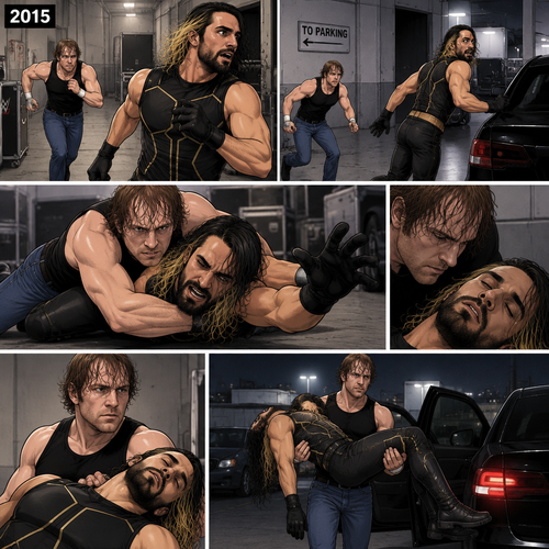 It’s the year 2015,Seth Rollins was being chased backstage by Dean Ambrose. Seth was running to his car,but before he could get there Dean tackled him. Seth struggled. Dean knocked him out. He lifted Seth in his arms and walked to his car