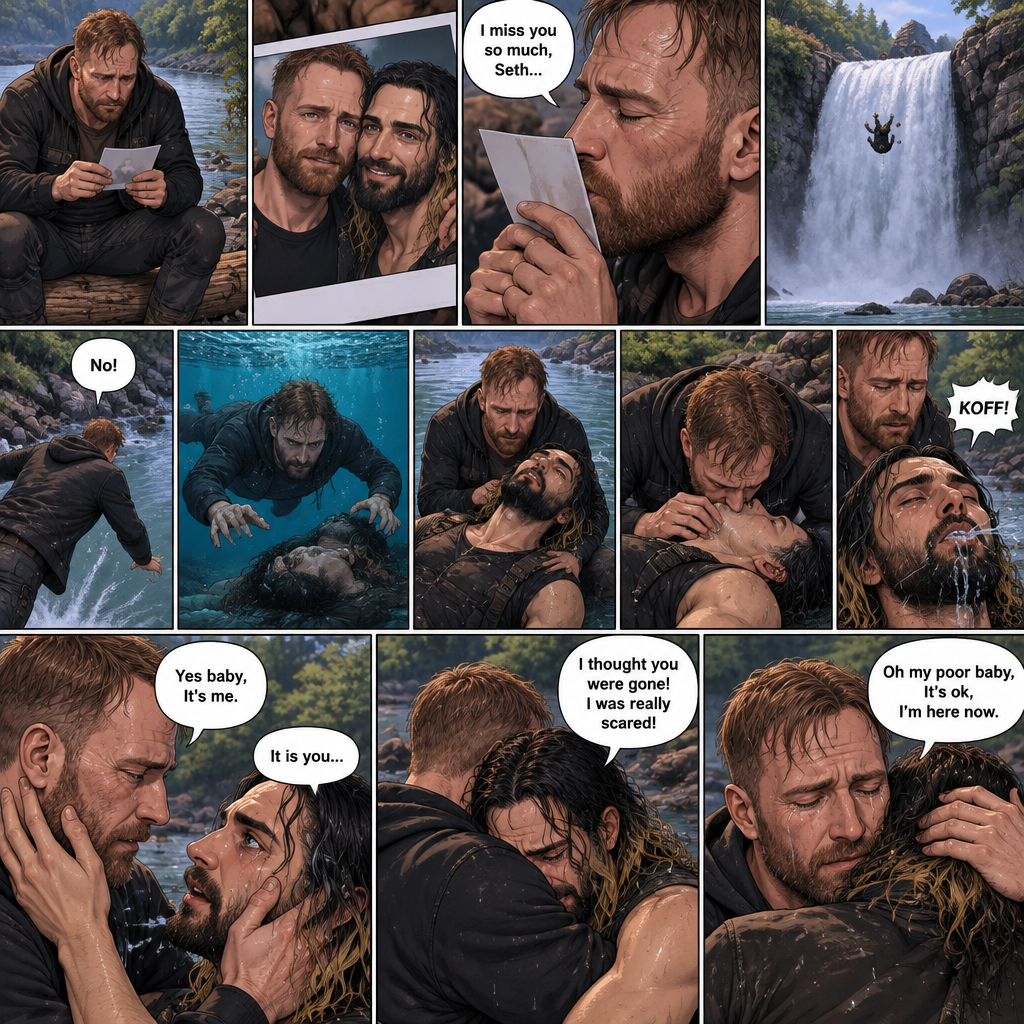 (Recap) Still in the zombie apocalypse. (This was Jon Moxley’s POV). Jon sat on a log near the river alone looking sad,He was looking at a romantic photo of him and Seth Rollins before the apocalypse began,He thought Seth died the day of the apocalypse started 4 years ago,He gently kissed the photo and said he misses Seth So much,He saw someone fall down the waterfall,he jumped in the water,As he swam he got a better look at the person,It turned out to be Seth,He swam faster and got him,He was to shore and Gently placed Seth’s down,He did CPR and mouth to mouth on Seth,When all hope seemed lost Seth coughed out water,Jon gently held Seth with tears of joy streaming down his face,Seth slowly opened his eyes,”Jon?” Seth asked weakly. (And now part 4). Jon gently placed his hand on Seth’s cheek. “Yes baby,It’s me” Jon said Softly. Seth gently placed his hand on Jon’s cheek to see if he’s real,Tears streamed down his face. “It is you” Seth said through his tears. Jon gently pulled Seth into a hug,Seth cried on Jon’s shoulder. Jon gently stroked the back of Seth’s head while Seth continued to cry on Jon’s shoulder. “I thought you were gone!,I was really scared!” Seth said through his tears. “Oh my poor baby,It’s ok,I’m here now” Jon said softly. Jon Gently rubbed Seth’s back to try to soothe him