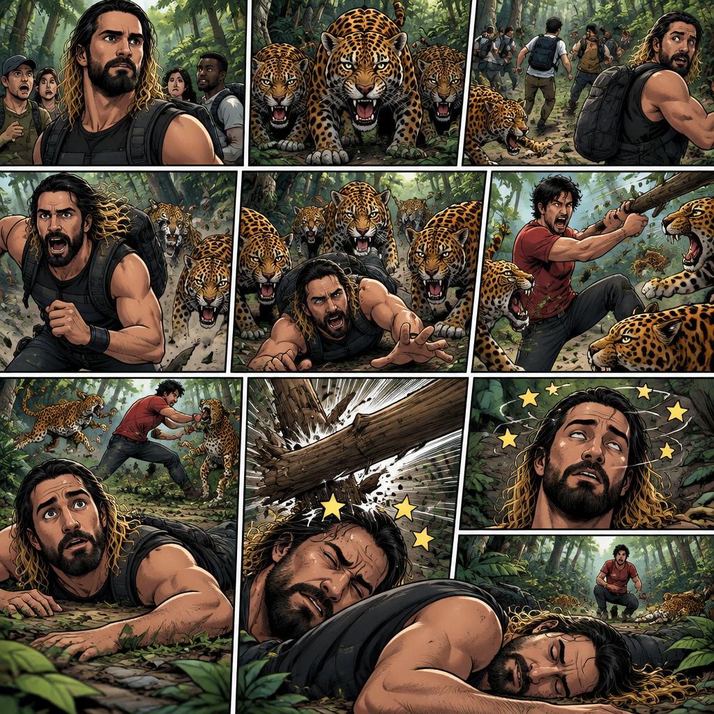 Seth Rollins was exploring the jungle with a group,Then suddenly….a group of jaguars appeared. Everyone scattered. Some of the jaguars went after Seth,He kept running. It seemed like he was going to outrun the jaguars….but then he tripped and fell. The jaguars were about to pounce on him….then suddenly…a wild man (Markiplier) jumped in. He fended off the jaguars while Seth watched in stunned silence. While the fight was going on…a tree branch fell…and landed on Seth’s head,He got dizzy….then he passed out due to the dizziness
