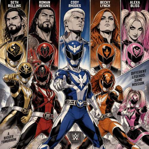 Seth Rollins,Roman Reigns,Cody Rhodes,Becky Lynch and Alexa Bliss becoming power rangers