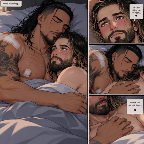 (Recap). Seth Rollins (College student) had just finished studying late at night,Then there was a noise downstairs,he investigated,the front door was open,He closed,Then there was a dripping noise in the kitchen,He goes to investigate,it was just a leaky faucet,He turned it off,he turned around,Damien priest (The bad boy) was right behind him,His chest had scratch marks on it and his shoulder had a huge bite mark on it,Seth was horrified,He goes to turn on the light but Damien grabbed his wrist before he could,he pulled Seth closer to him,Then he puts his head on Seth’s shoulder,His body was shaking a little as if he was crying,he said to Seth “Help me…please…Angel”,Seth slowly wrapped his arms around Damien,Damien’s body slowly relaxed as if he felt safe in Seth’s arms,Seth takes Damien to the bathroom,he grabs a first aid kit,he gently cleans Damien’s wounds and bandages them afterwards,Seth said “There,That should do it,Damien looks up at Seth and softly said “Thank you,Angel”,Seth blushed a little and said to Damien “you’re welcome” (And now part 3). The next morning,Seth and Damien were asleep in Seth’s bed,Seth slowly woke up,He was in Damien’s embrace. He blushed and his heart fluttered. Damien must’ve heard it because he subconsciously put his hand on Seth’s chest to feel Seth’s heartbeat and hummed softly in his sleep