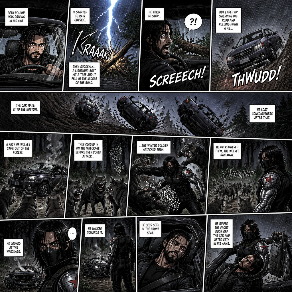 Seth Rollins was driving in his car,It started to rain outside.Then suddenly a lightning bolt hit a tree and it fell in the middle of the road.He Tried to stop…But ended up swerving off road and rolling down a hill.The car made it to the bottom,He lost consciousness after that.A pack of wolves came out of the forest,They closed in on the wreckage,Before they could attack…the winter soldier attacked them.He overpowered them,The wolves ran away.He looked at the wreckage,He walked towards it,He Sees Seth in the front seat,He ripped the front door off the car and lifted Seth in his arms