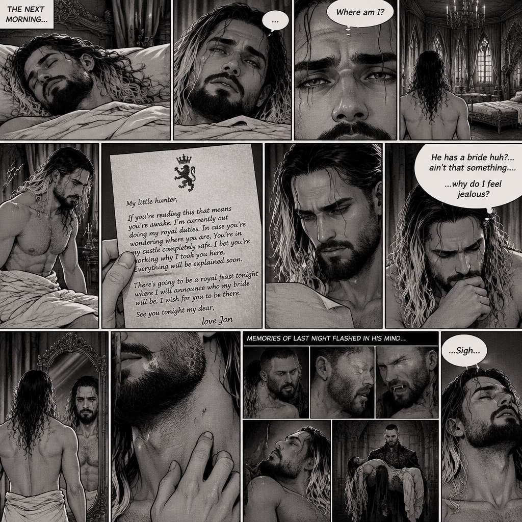 (Recap) Seth Rollins (The vampire hunter) was lured into the ruins by a whisper,Then Jon Moxley (The vampire king) grabbed him from behind,He sniffed Seth’s neck and then pierced it with his fangs,After 4 minutes the fangs were out of Seth’s neck,Seth was weak,Then Jon lifted Seth in his arms and began walking. (And now part 2). The next morning,Seth was still unconscious. Eventually…Seth’s eyes slowly opened,He was feeling tired,He was confused,then he looked at his surroundings,it was some sort of royal bedroom. “Where am I?” Seth asked himself. He slowly stood up off the bed,Then he sees a note on the nightstand,He picks it up and reads it. It says “My little hunter,If you’re reading this that means you’re awake. I’m currently out doing my royal duties. In case you’re wondering where you are,You’re in my castle completely safe. I bet you’re working why I took you here,Everything will be explained soon. There’s going to be a royal feast tonight where I will announce who my bride will be,I wish for you to be there. See you tonight my dear, love Jon”. “He has a bride huh?… ain’t that something….why do I feel jealous?” Seth said to himself. He sees a mirror and walks to it,He sees the bite mark on his neck,He gently traces it with his fingers. Memories of last night flashed in his mind,he sighs after that