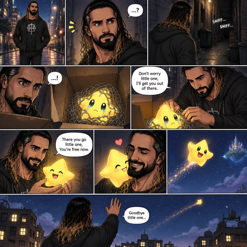 Seth Rollins was having a stroll down the street at night,then…he heard a small crying sound. He followed the sound to an alleyway. At first he didn’t see anything…then he heard the small crying noise coming from a box. He looked inside…he couldn’t believe it…it was a star (Luma). It was tangled up in a net. He got over his shock. “Don’t worry little one,I’ll get you out of there” said Seth. He gently untangled the net off Luma and gently picked  him up. “There you go little one,You’re free now” said Seth. Luma smiled with joy and nuzzled up against Seth. Then Luma waved goodbye and flew back home. Seth waved goodbye as well