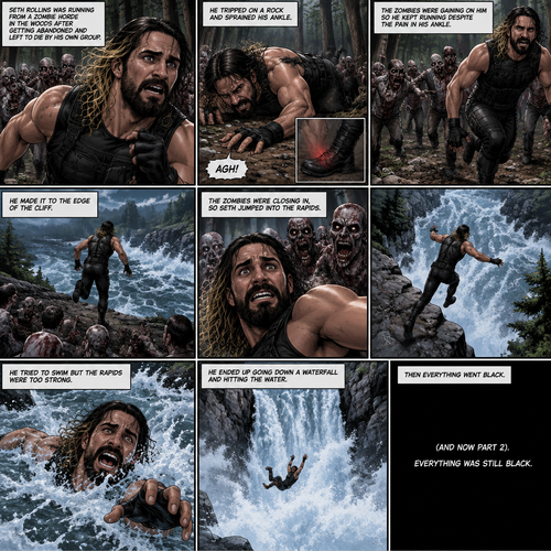 (Recap) Seth Rollins was running from a zombie horde in the woods after getting abandoned and left to die by his own group,He tripped on a rock and sprained his ankle,The zombies were gaining on him so he kept running despite the pain in his ankle,He made it to the edge of the cliff,The zombies were closing in,So Seth jumped into the rapids,He tried to swim but the rapids were too strong,He ended up going down a waterfall and hitting the water,Then everything went black. (And now part 2). Everything was still black