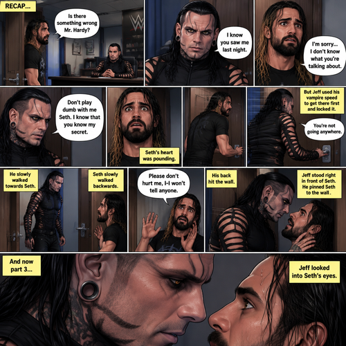 (Recap). Seth Rollins was called into Jeff Hardy’s office,“Is there something wrong Mr.Hardy?” Seth asked nervously,Jeff looked at Seth with a serious expression,“I know you saw me last night” said Jeff,Seth had a fearful expression on his face but tried to keep it cool,“I’m sorry…I don’t know what you’re talking about” said Seth,“Don’t play dumb with me Seth,I know that you know my secret” said Jeff,Seth’s heart was pounding. He was about to run to the door,but Jeff used his vampire speed to get there first and locked it,“You’re not going anywhere” Said Jeff. He slowly walked towards Seth,Seth slowly walked backwards,“Please don’t hurt me,I-I won’t tell anyone” Seth said,His back hit the wall,Jeff stood right in front of Seth,He pinned Seth to the wall. (And now part 3). Jeff looked into Seth’s eyes