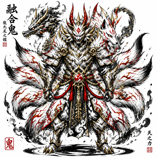 Fuse Oni, loung dragon, 9 tail fox into a oni style armor that has all the best appearance from Fuse Oni, loung dragon, 9 tail fox. Only show final product. Colors white,gold,red, black. Front view