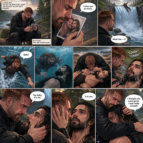(Recap) Still in the zombie apocalypse. (This was Jon Moxley’s POV). Jon sat on a log near the river alone looking sad,He was looking at a romantic photo of him and Seth Rollins before the apocalypse began,He thought Seth died the day of the apocalypse started 4 years ago,He gently kissed the photo and said he misses Seth So much,He saw someone fall down the waterfall,he jumped in the water,As he swam he got a better look at the person,It turned out to be Seth,He swam faster and got him,He was to shore and Gently placed Seth’s down,He did CPR and mouth to mouth on Seth,When all hope seemed lost Seth coughed out water,Jon gently held Seth with tears of joy streaming down his face,Seth slowly opened his eyes,”Jon?” Seth asked weakly. (And now part 4). Jon gently placed his hand on Seth’s cheek. “Yes baby,It’s me” Jon said Softly. Seth gently placed his hand on Jon’s cheek to see if he’s real,Tears streamed down his face. “It is you” Seth said through his tears. Jon gently pulled Seth into a hug,Seth cried on Jon’s shoulder. Jon gently stroked the back of Seth’s head while Seth continued to cry on Jon’s shoulder. “I thought you were gone!,I was really scared!” Seth said through his tears.