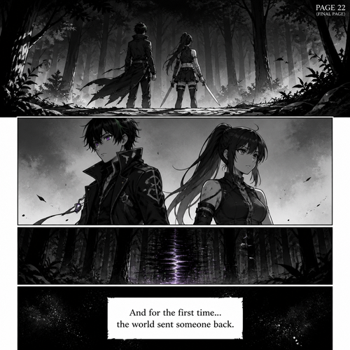 PAGE 22 (FINAL PAGE)

Panel 1 (wide shot)
Forest edge behind them.

Panel 2
Oberyn and Octavia standing side by side, not aligned yet.

Panel 3
Subtle distortion flicker deep in forest.

Panel 4 (final narration)
“And for the first time… the world sent someone back.”

Octavia Sen (Female Lead)

* Iron City fighter, dual blades
* Stable, logical, emotionally grounded
* Acts as Oberyn’s anchor and moral counterweight

Arc: ally → support → opposition → emotional resolution

Oberyn Voss (Protagonist)

* Quiet, observant boy from Verdan
* Purple eyes, black hair with green streak
* Becomes slowly consumed by Origin Blade

Arc: identity → instability → obsession → erosion