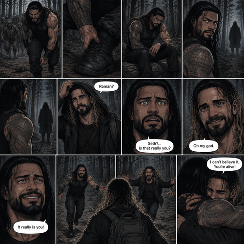 Roman Reigns is in a zombie apocalypse,He walking in the woods. He hurt his ankle while running away from a zombie horde. He’s far away from them and limping in the woods. The pain in his ankle was too much to ignore so he sat down on a rock,he sat there for a while….then….he heard distant footsteps. He looked behind him. There’s a hooded figure in the distance. He slowly stood up,he had his guard up. The hooded figure stopped walking. They were silent for a while. Then….the hooded figure took off his hood…it was….Seth Rollins. “Roman?” Said Seth. Roman’s eyes widened. “Seth?…is that really you?” Roman asked. Seth slowly smiled with joy. “Oh my god” Seth said softly. Roman slowly smiled and tears of joy welled up in his eyes. “It really is you!” Said Roman. Roman limped towards Seth while Seth runs towards Roman. They hugged each other and cried tears of joy. “I can’t believe it,You’re alive!” Seth Said through his tears