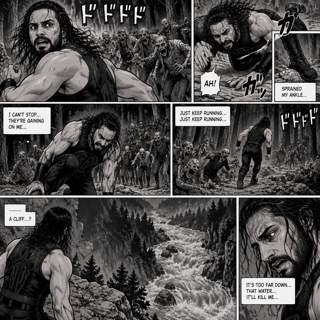 We’re in the woods during a zombie apocalypse,Someone was running…and that someone…is Seth Rollins. He was running from a zombie horde after being abandoned and left to die by his own group. He kept running….Till he tripped on a rock and sprained his ankle. The zombie horde was gaining on Seth,So he kept running despite the pain in his ankle. He was running and running….till he got to the edge of a cliff. He looks down,There was rapid water at the bottom