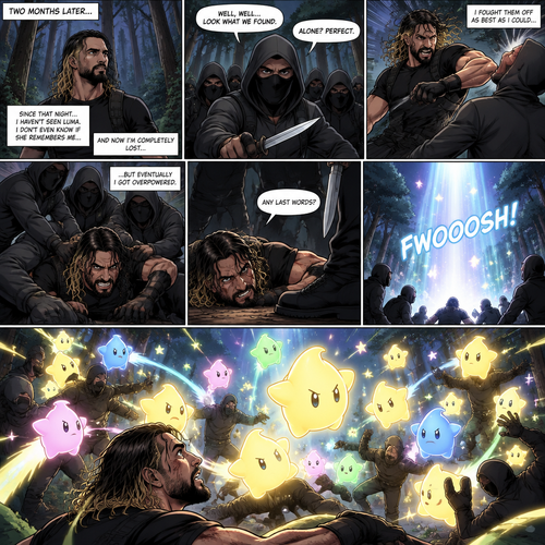 (Part 2 of the Seth Rollins x Princess Rosalina story). It had been two months since that night. Seth hadn’t seen Luma since. He was walking in the woods completely lost. Then suddenly….he attacked by a group of bad guys. He fought them off as best as he could…but eventually he got overpowered. Just before one of them got the chance to finish him off…a beam landed on the ground…and out came an army of Lumas. They attacked the bad guys